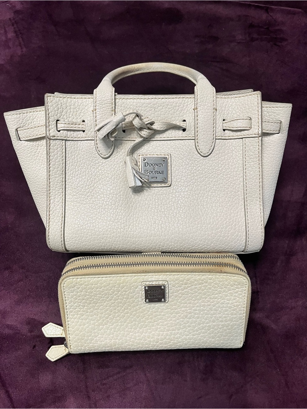 Vintage Dooney & Bourke Cream Pebbled Leather Handbag + Matching Wallet Set